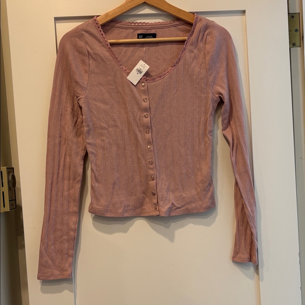 GAP Ribbed Button-Front Long Sleeve Top - Dusty Pink